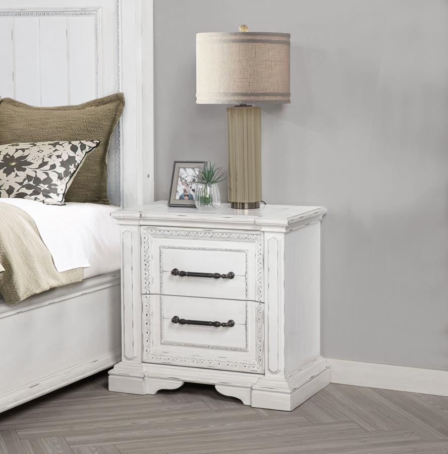 Coaster McKinney Vintage Distressed White 2-Drawer Nightstand with USB Ports – 215872 — product view 1