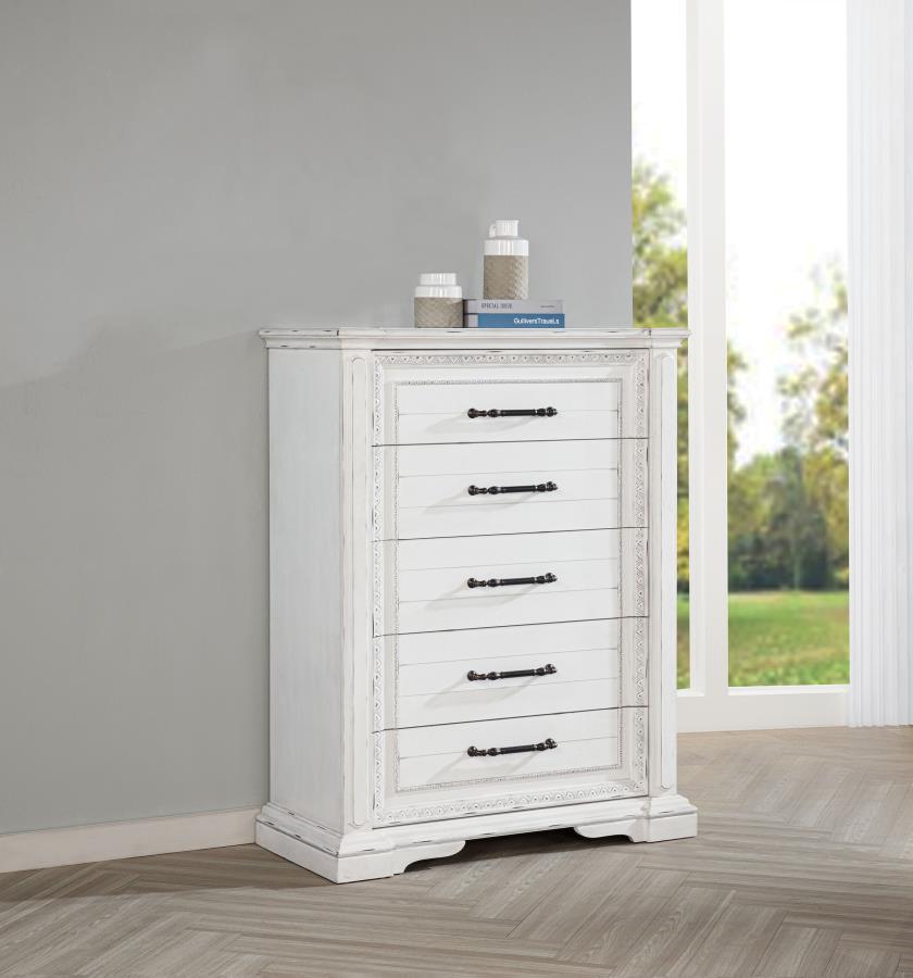 Coaster McKinney Vintage Distressed White 5-Drawer Tall Chest – 215875 — product view 1