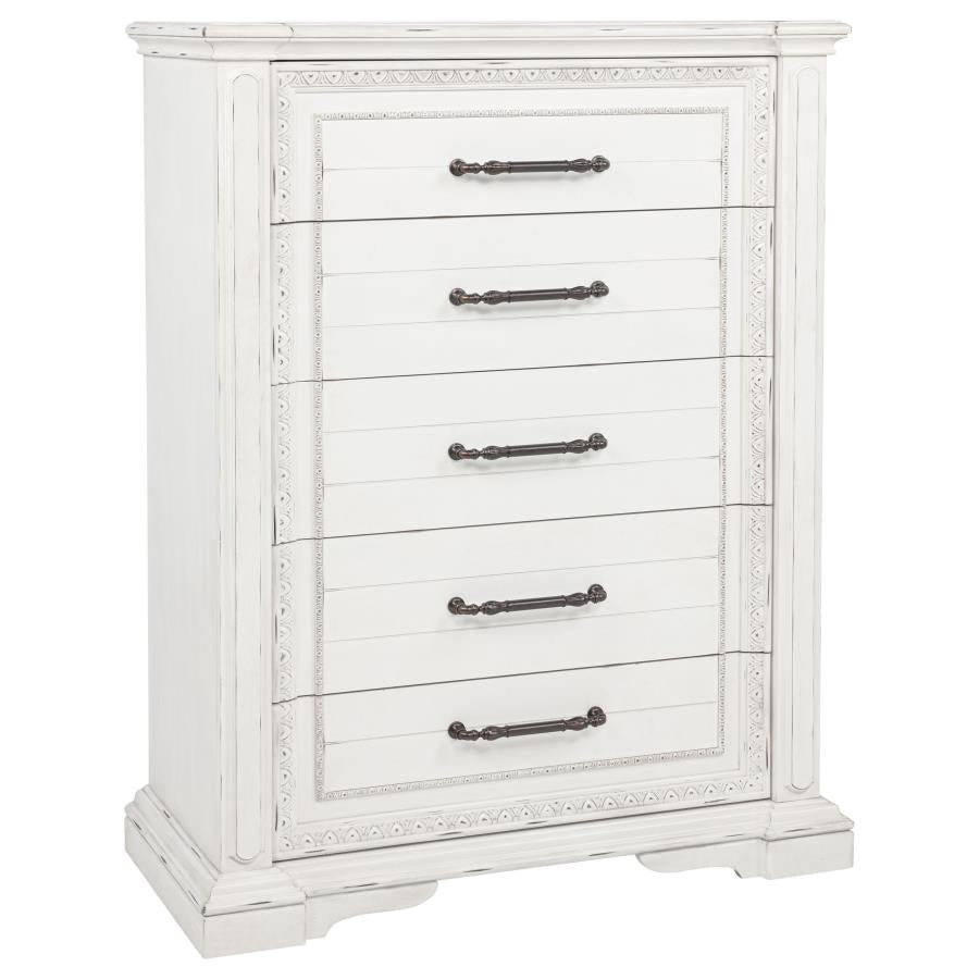 Coaster McKinney Vintage Distressed White 5-Drawer Tall Chest – 215875 — product view 2