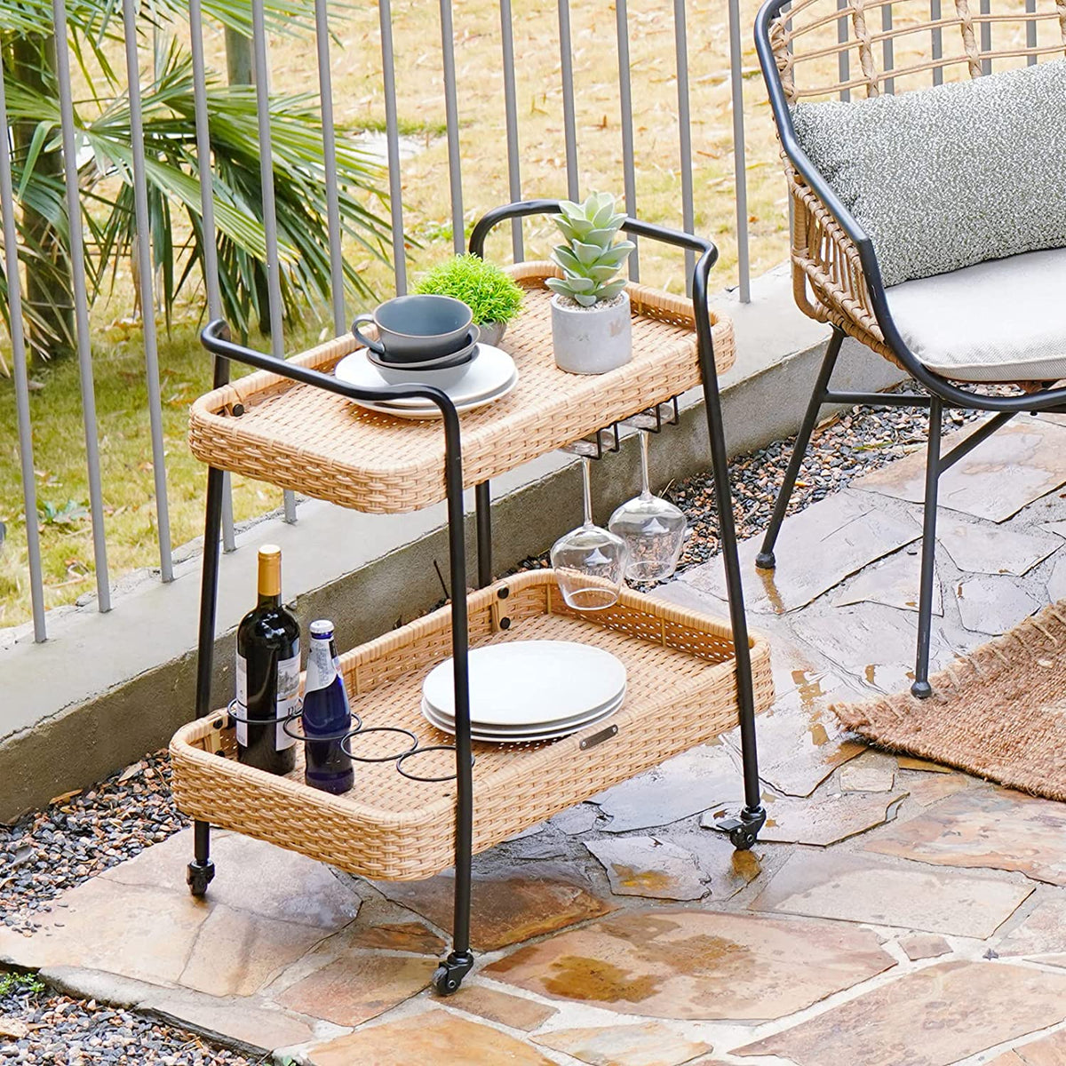 LOUNGE YARD Outdoor & Indoor PE Wicker Steel 2-Tier Rolling Bar Beverage Cart Vaxjo Natural Color — product view 1