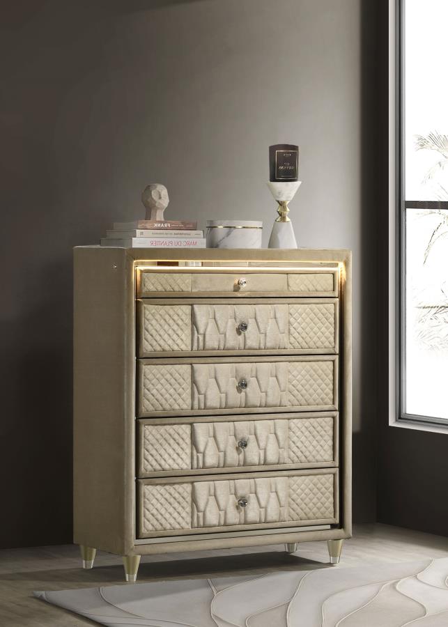 Lorient Ivory & Camel Velvet 5-Drawer Tall Chest with LED – 222665 — product view 1