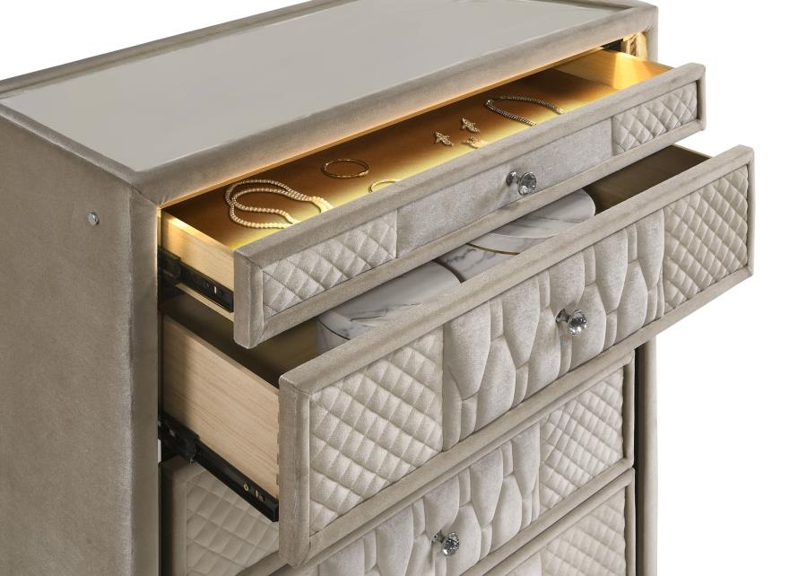 Lorient Ivory & Camel Velvet 5-Drawer Tall Chest with LED – 222665 — product view 3