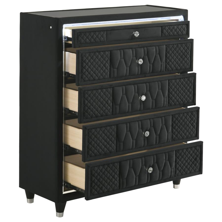 Lorient Black Velvet 5-Drawer Tall Chest with LED – 223165 — product view 2
