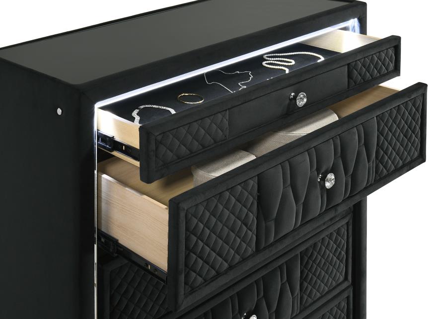 Lorient Black Velvet 5-Drawer Tall Chest with LED – 223165 — product view 3