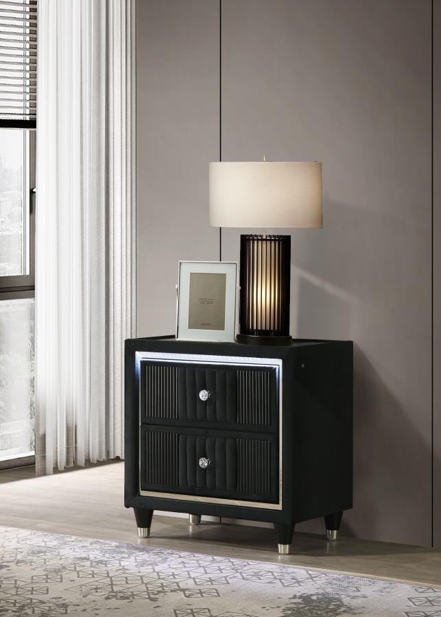 Ravenne 2-Drawer Velvet Upholstered LED Nightstand with USB Black – 223192 — product view 1