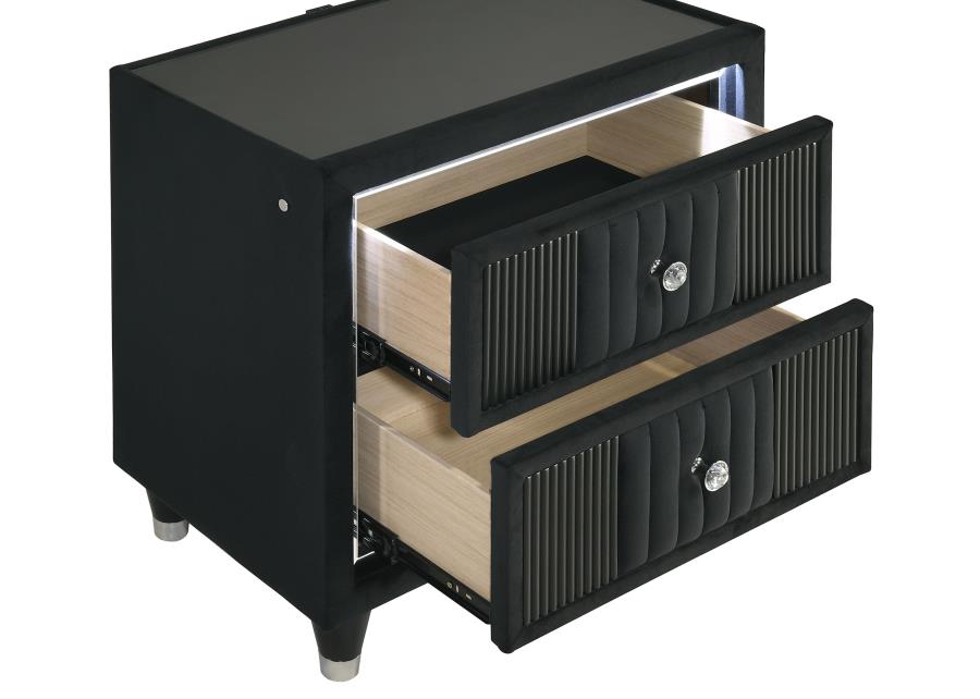 Ravenne 2-Drawer Velvet Upholstered LED Nightstand with USB Black – 223192 — product view 3