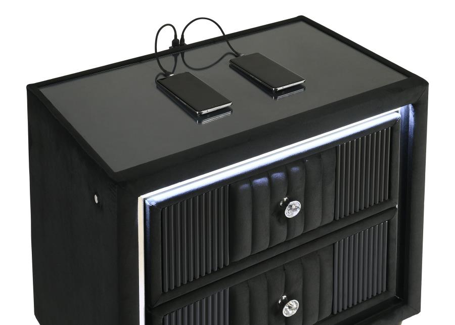 Ravenne 2-Drawer Velvet Upholstered LED Nightstand with USB Black – 223192 — product view 4