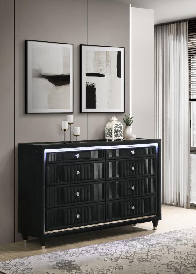 Ravenne 8-Drawer Velvet Upholstered LED Dresser Black – 223193 — product view 1
