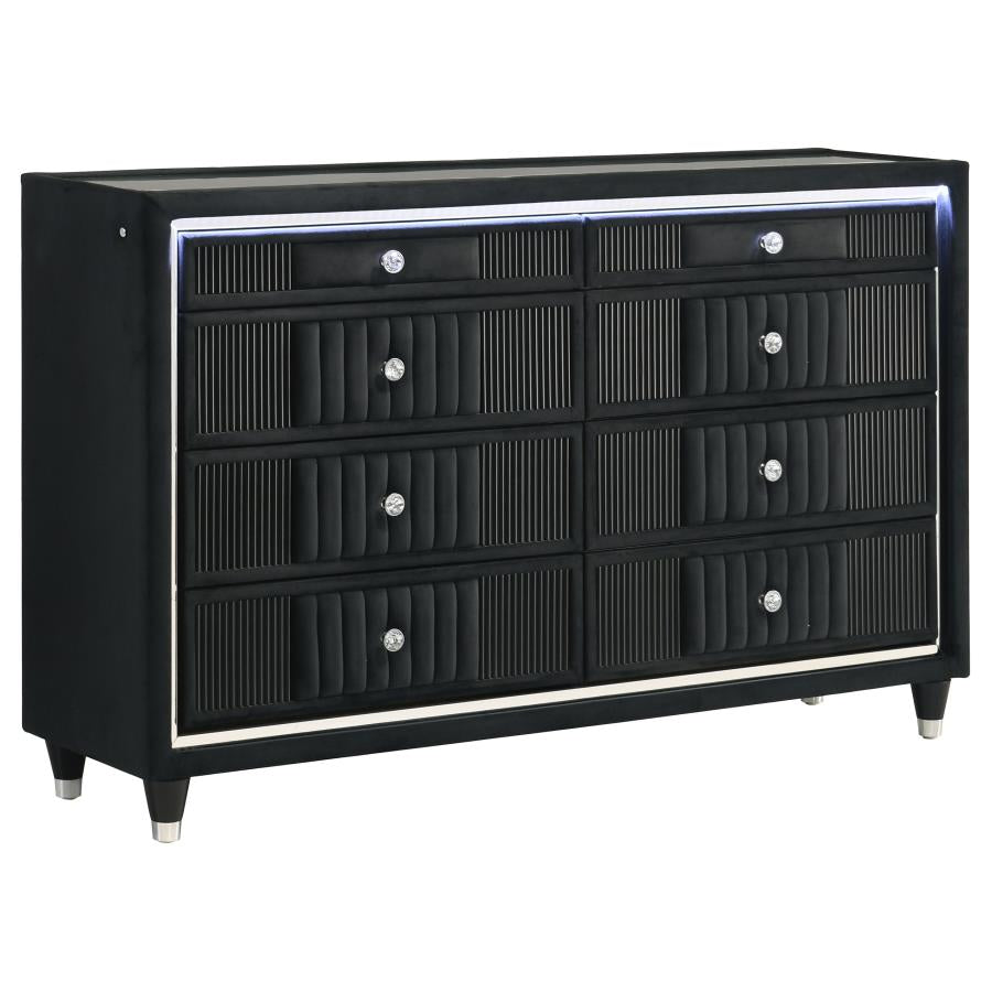 Ravenne 8-Drawer Velvet Upholstered LED Dresser Black – 223193 — product view 2