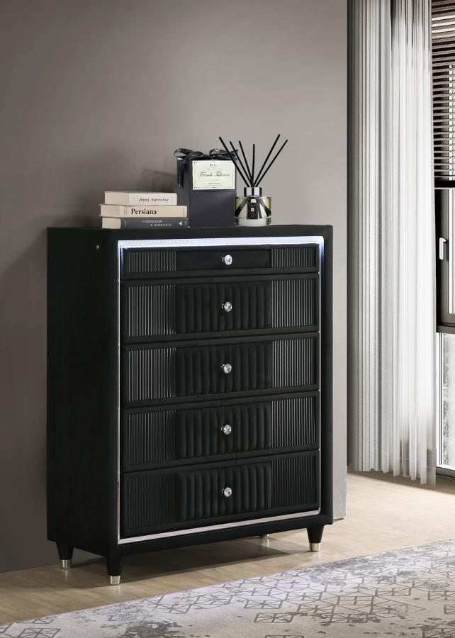 Ravenne 5-Drawer Velvet Upholstered LED Chest of Drawers Black – 223195 — product view 1
