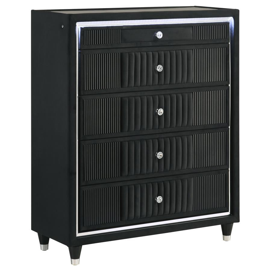 Ravenne 5-Drawer Velvet Upholstered LED Chest of Drawers Black – 223195 — product view 4