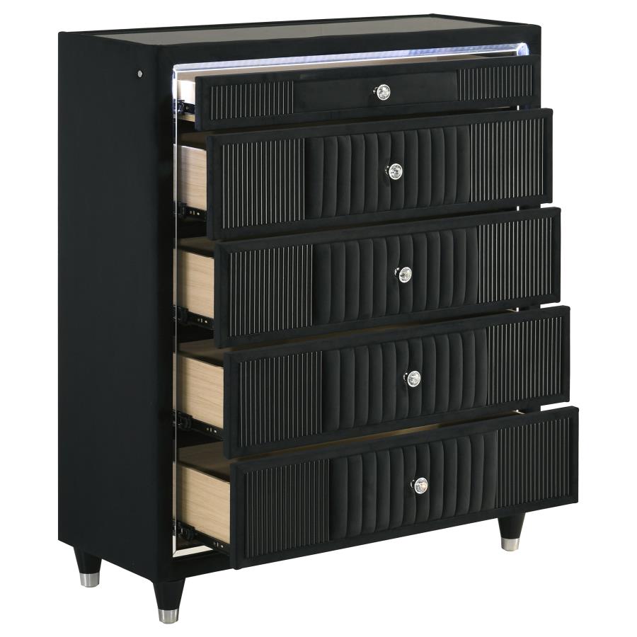 Ravenne 5-Drawer Velvet Upholstered LED Chest of Drawers Black – 223195 — product view 2
