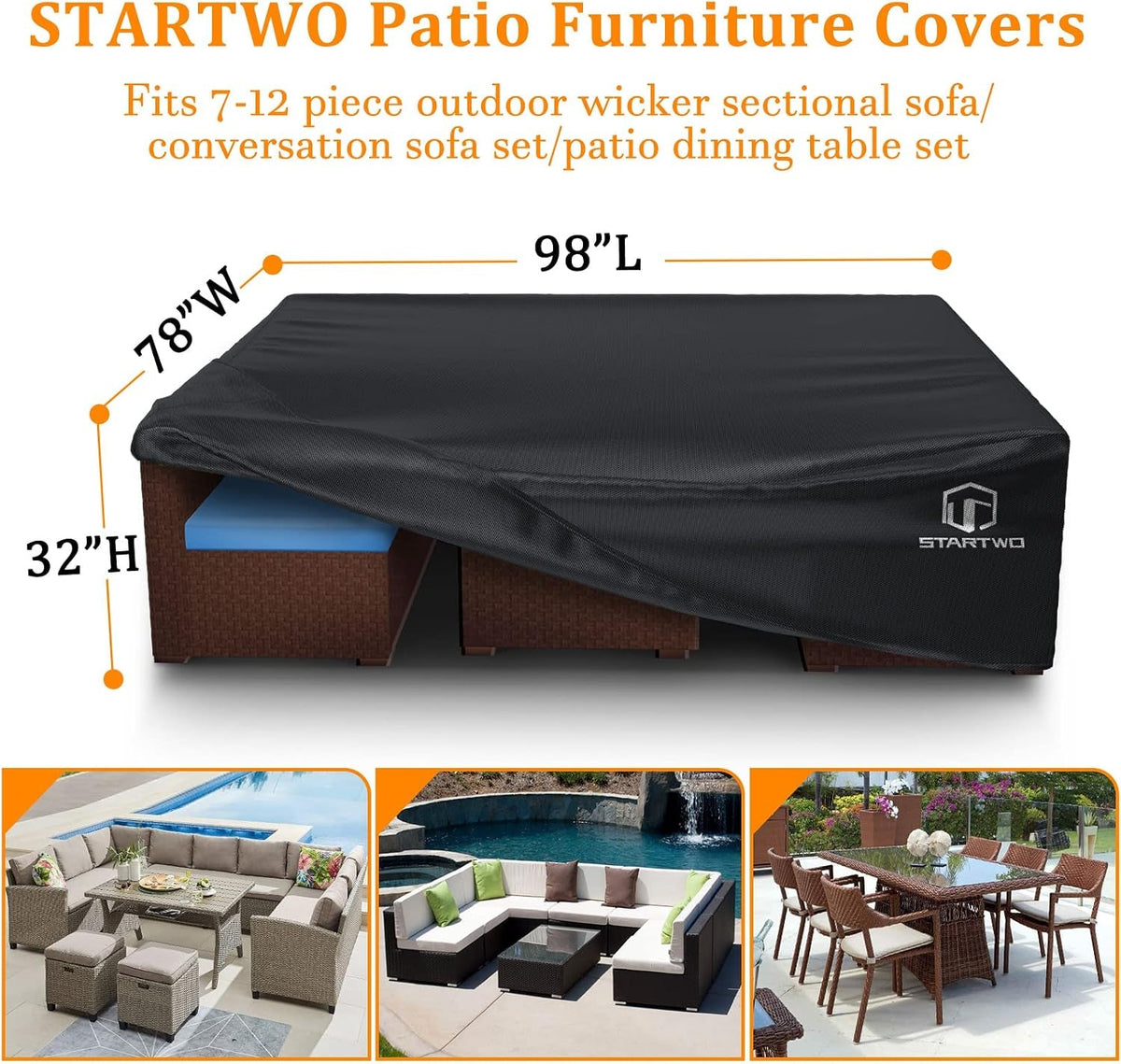 Patio Furniture Covers Waterproof, Anti-Uv Tear-Resistant 500D Heavy Duty 7-12 Seats Outdoor Furniture Cover for Sectional Sofa, Patio Table Cover, 98"X78"X28", Black — product view 3