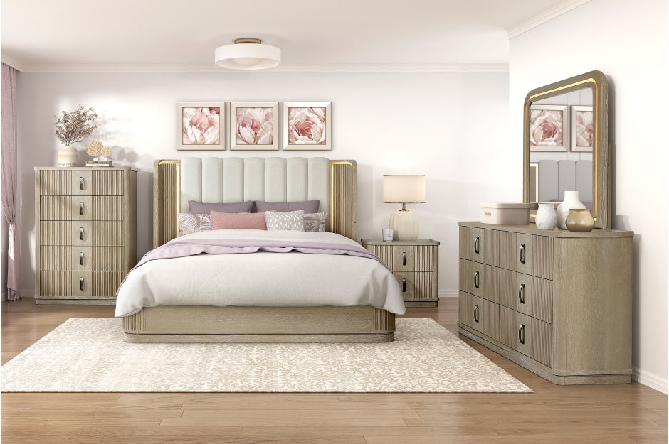 Ribbon Light Brown Oak Queen Bedroom Set with LED Accent Lighting – 2500-4PC — product view 1