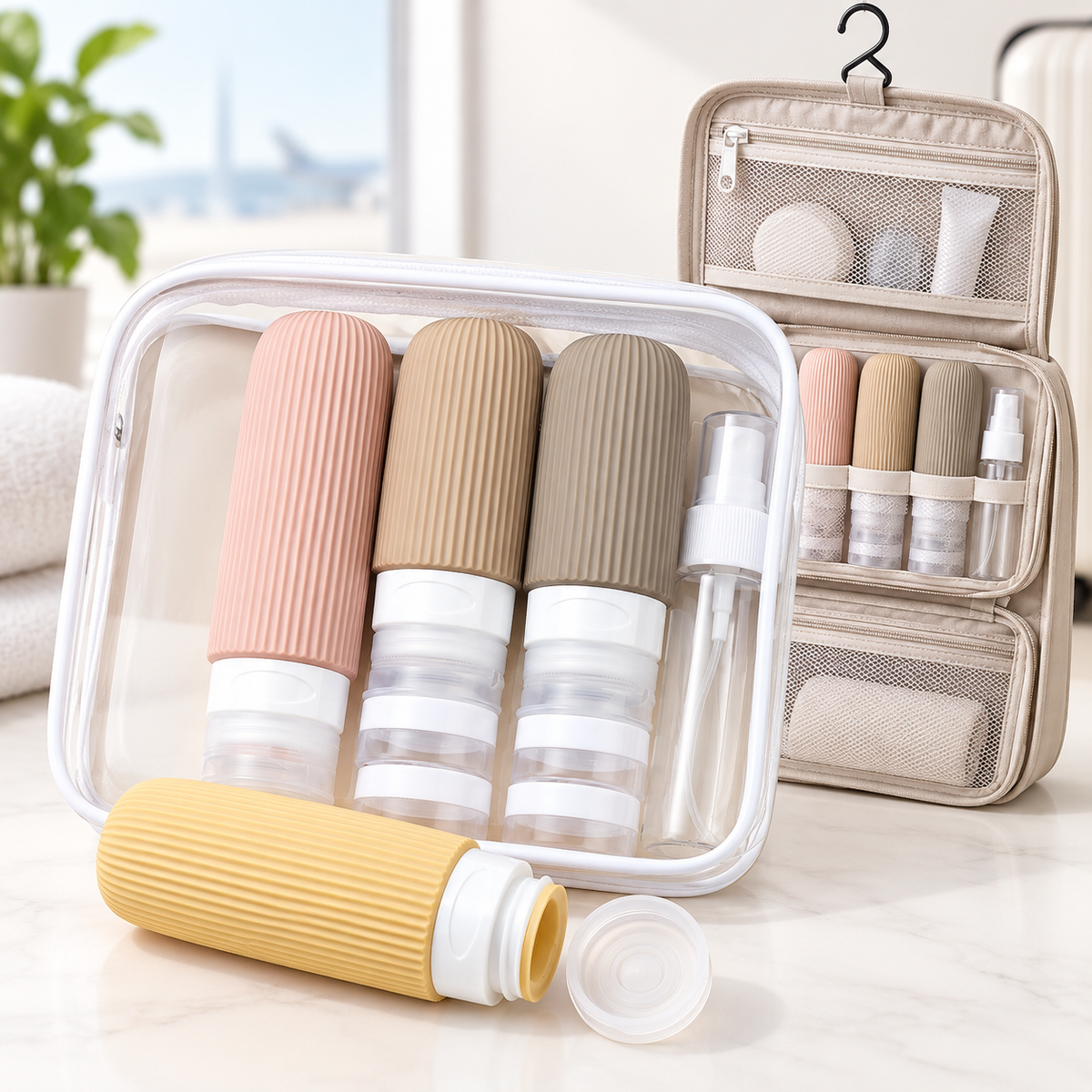 Leakproof Silicone Travel Toiletry Bottle and Jar Kit with Clear TSA Pouch LoungeYard — product view 1