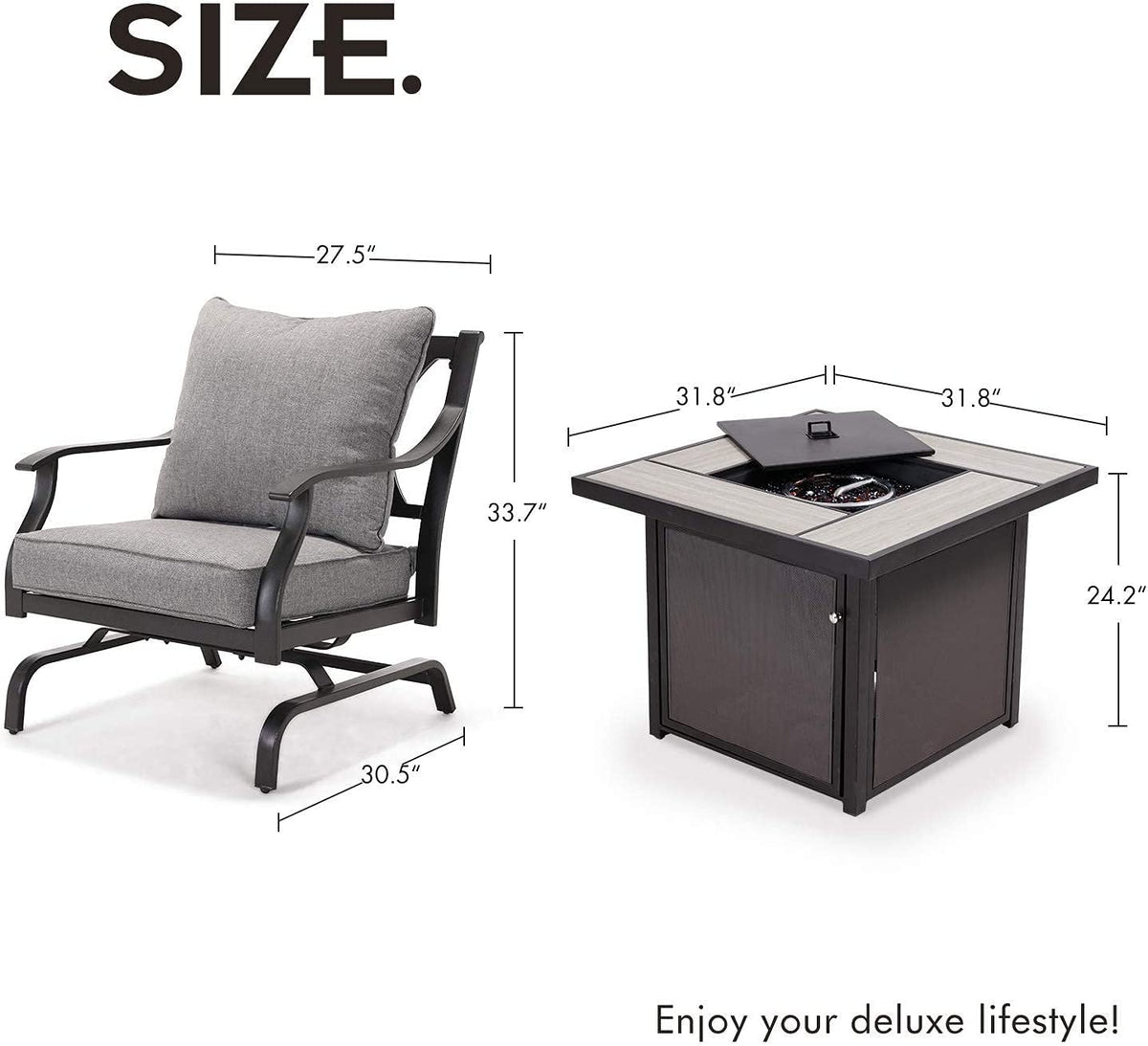 LOUNGE YARD 5 PCS Outdoor Furniture Conversation Grey Cushions Rocking Chairs Propane Gas Fire Table — product view 2