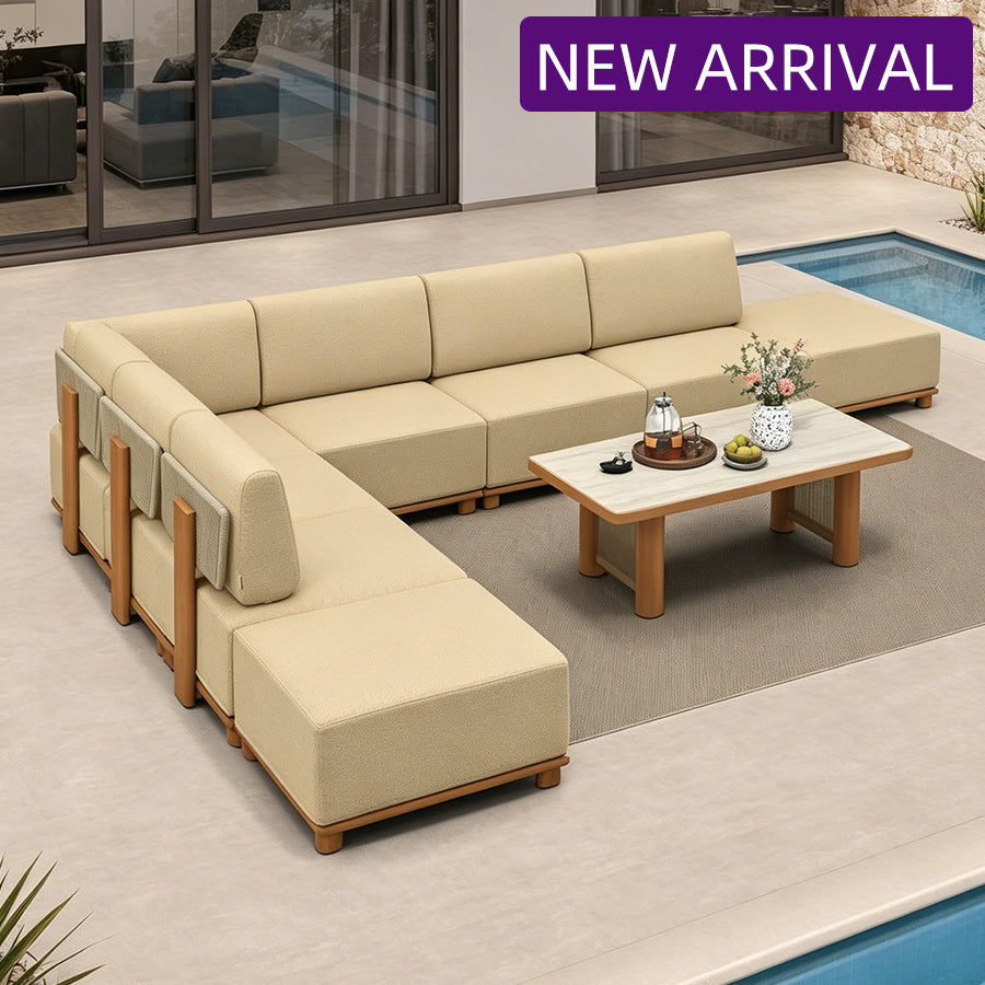PURPLE LEAF Breck L-Shaped with table Modular Outdoor Sectional with Wood-Grain Aluminum Frame and Thick Teak-Colored Cushions for Luxury Backyard Lounge — product view 1