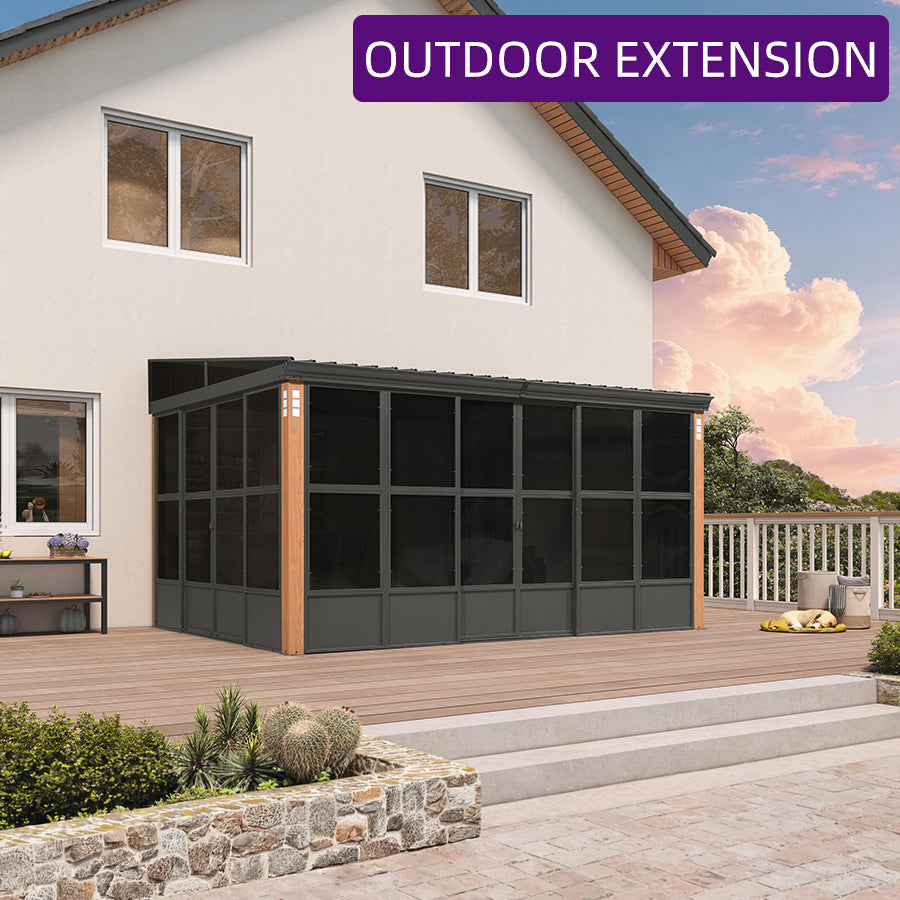 PURPLE LEAF Wall Mounted Sunroom Galvanized Steel Sloped Roof Lean-to Enclosed Aluminum Grey Frame Wood Grain Columns for Outdoor Home Extension — product view 1
