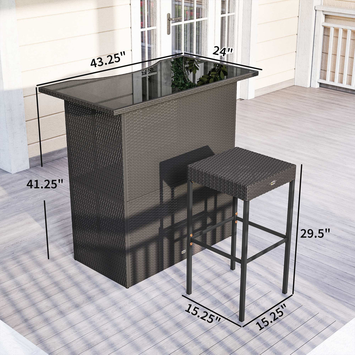 5 Piece Outdoor Wicker Bar Set with Glass Top Table and 4 Stools, Dark Brown — product view 5