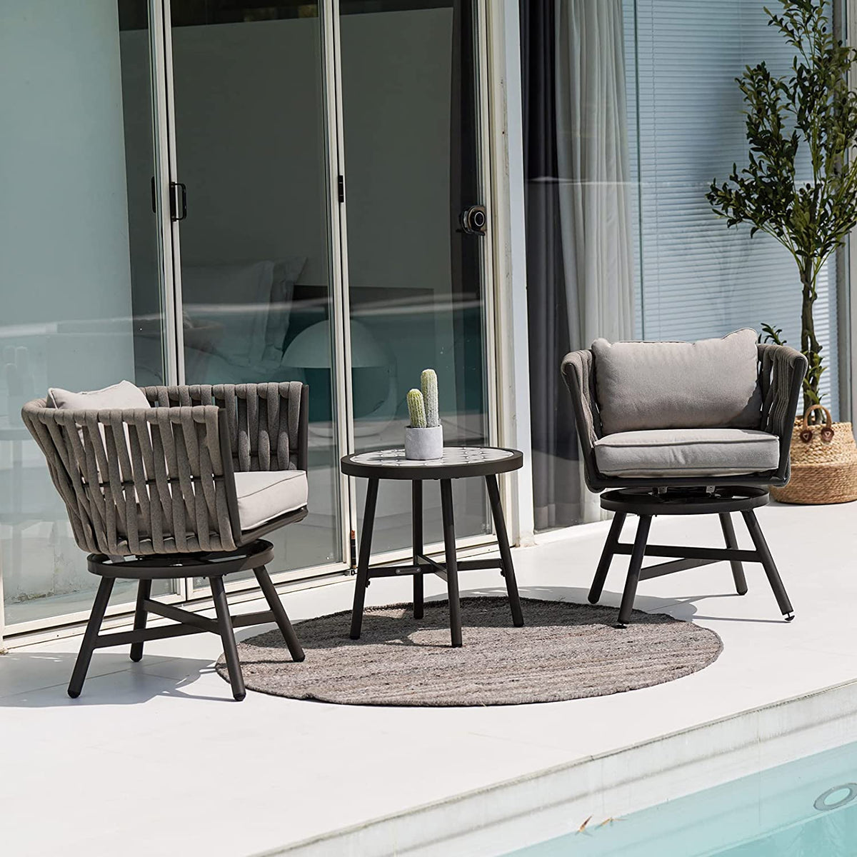 LOUNGE YARD Dining Chair Set of 3, Swivel Rope Armchairs with Cushions and Round Side Table with Tile Tabletop — product view 1