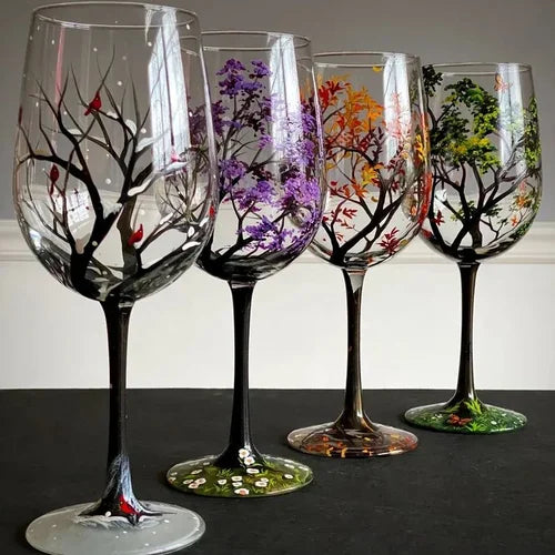 Four Seasons Tree Wine Glasses - Hand Painted Art — product view 4