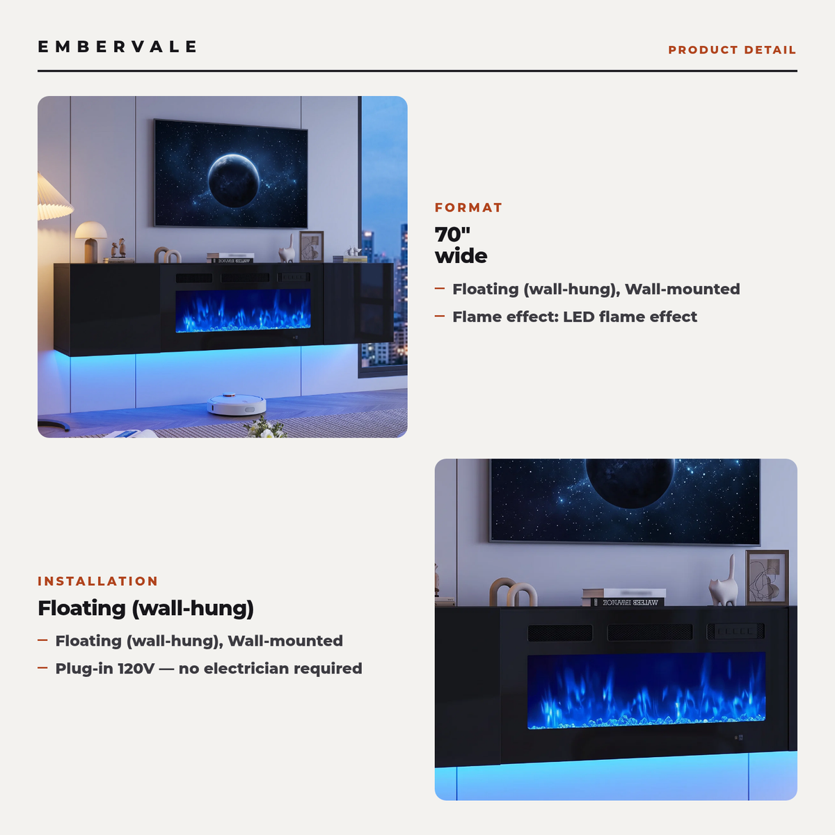 70 Inch Floating TV Stand with 36 Inch Electric Fireplace, Wall Mounted Entertainment Center with Storage for Living Room — product view 3