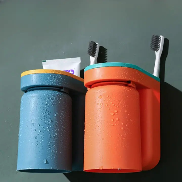 LoungeYard | Toothbrush Holder with Cup | Wall-Mounted | Self-Adhesive | ABS Plastic | 11.5×7×12.5cm — product view 3