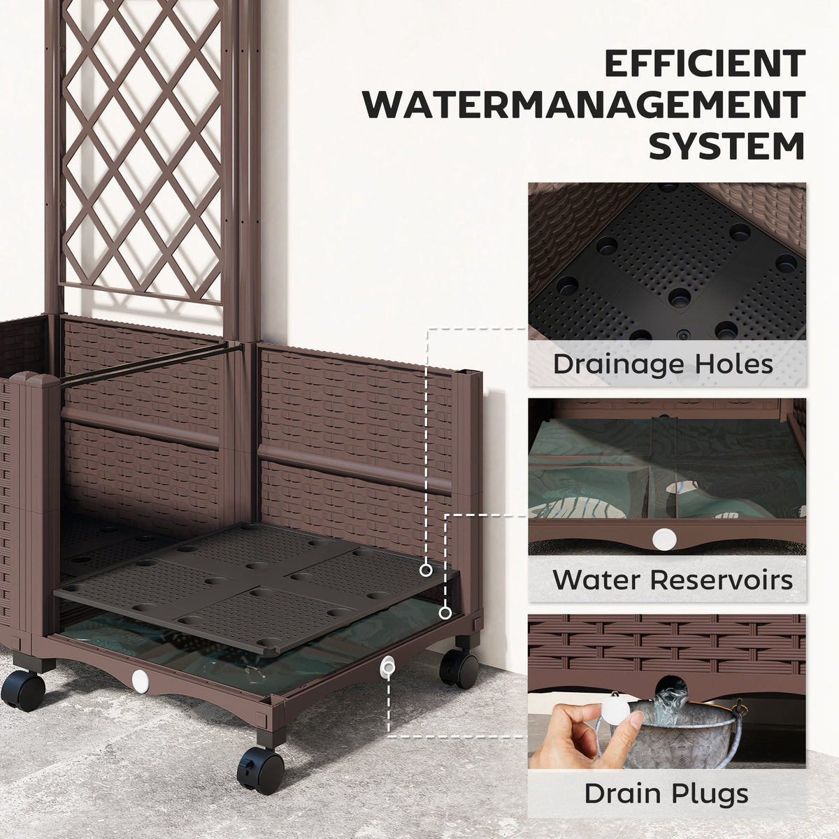 56.3" Self-Watering Planter Box with Trellis and Wheels, Brown — product view 7