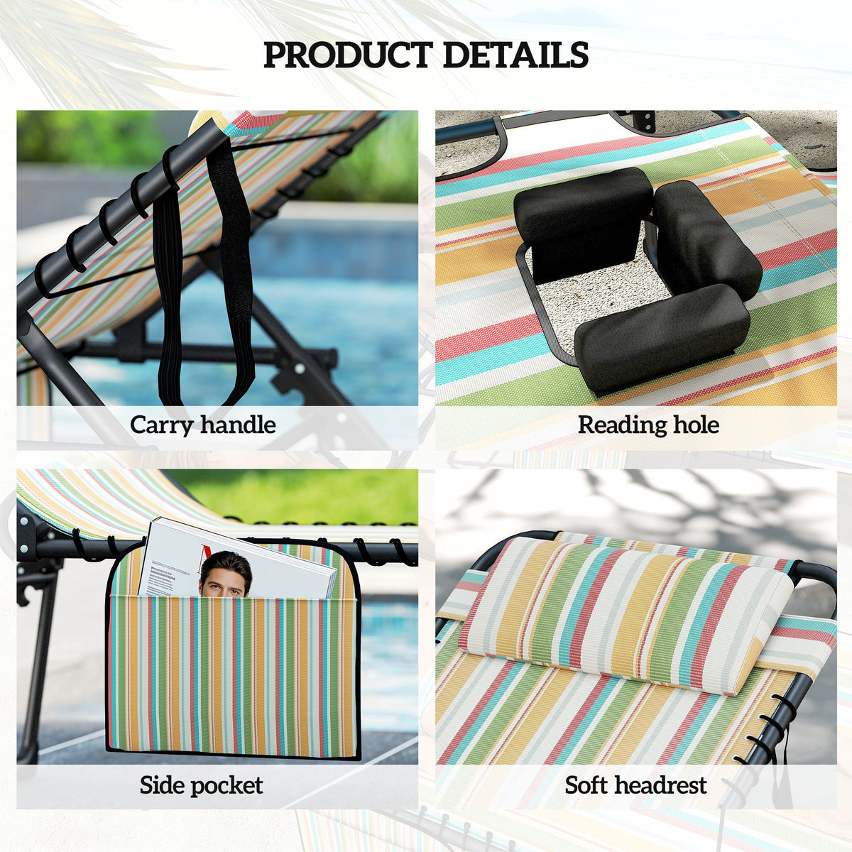 2-Piece Folding Chaise Lounge with Face Hole, Rainbow Striped — product view 7