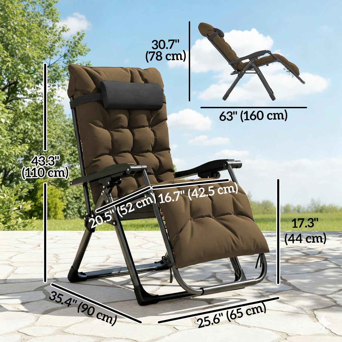 Reclining Zero Gravity Chair with Cushion and Headrest, Khaki — product view 5