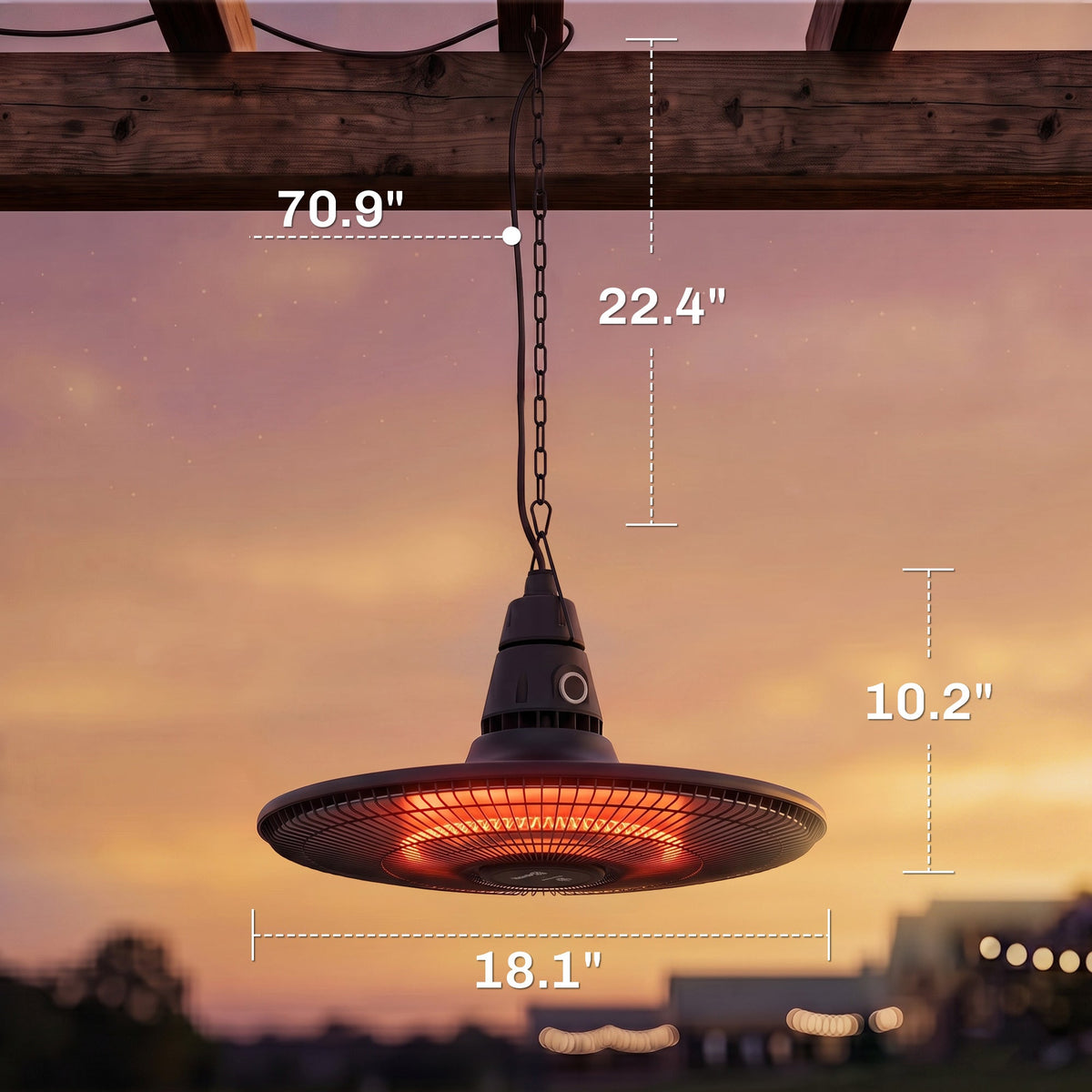 1500W Hanging Infrared Patio Heater with Carbon Fiber Tube, Remote & LED, Black — product view 5