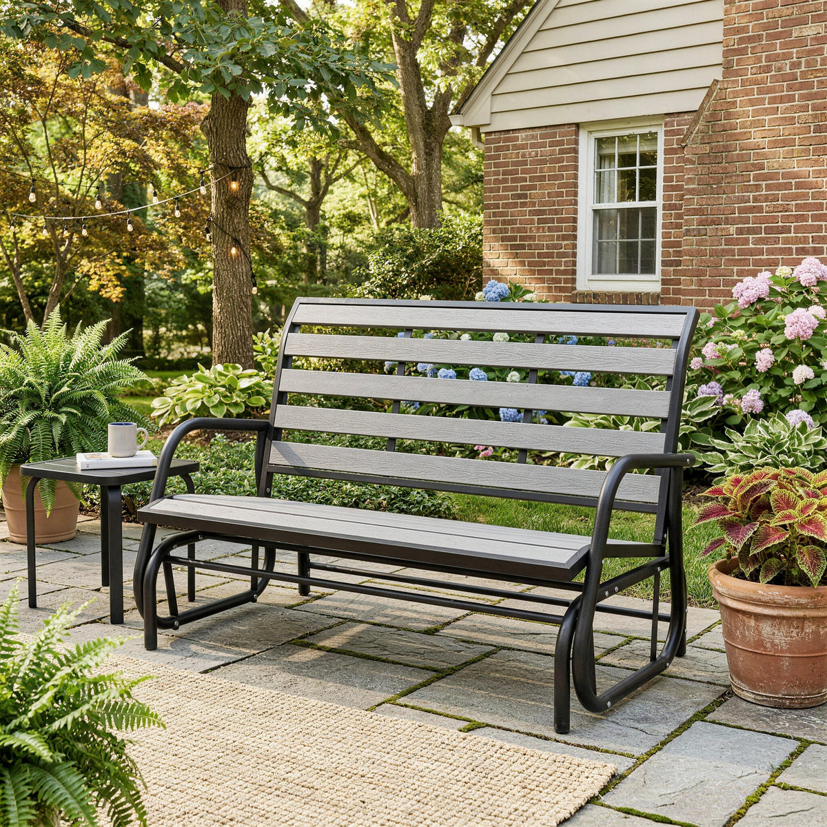 2-Person Outdoor Glider Bench with Faux Wood Slatted Seat and Steel Frame, Grey — product view 4
