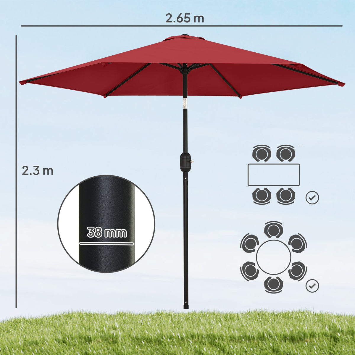 2.6 m Garden Parasol with Tilt, Crank, Vent & Aluminium Pole, Wine Red — product view 5