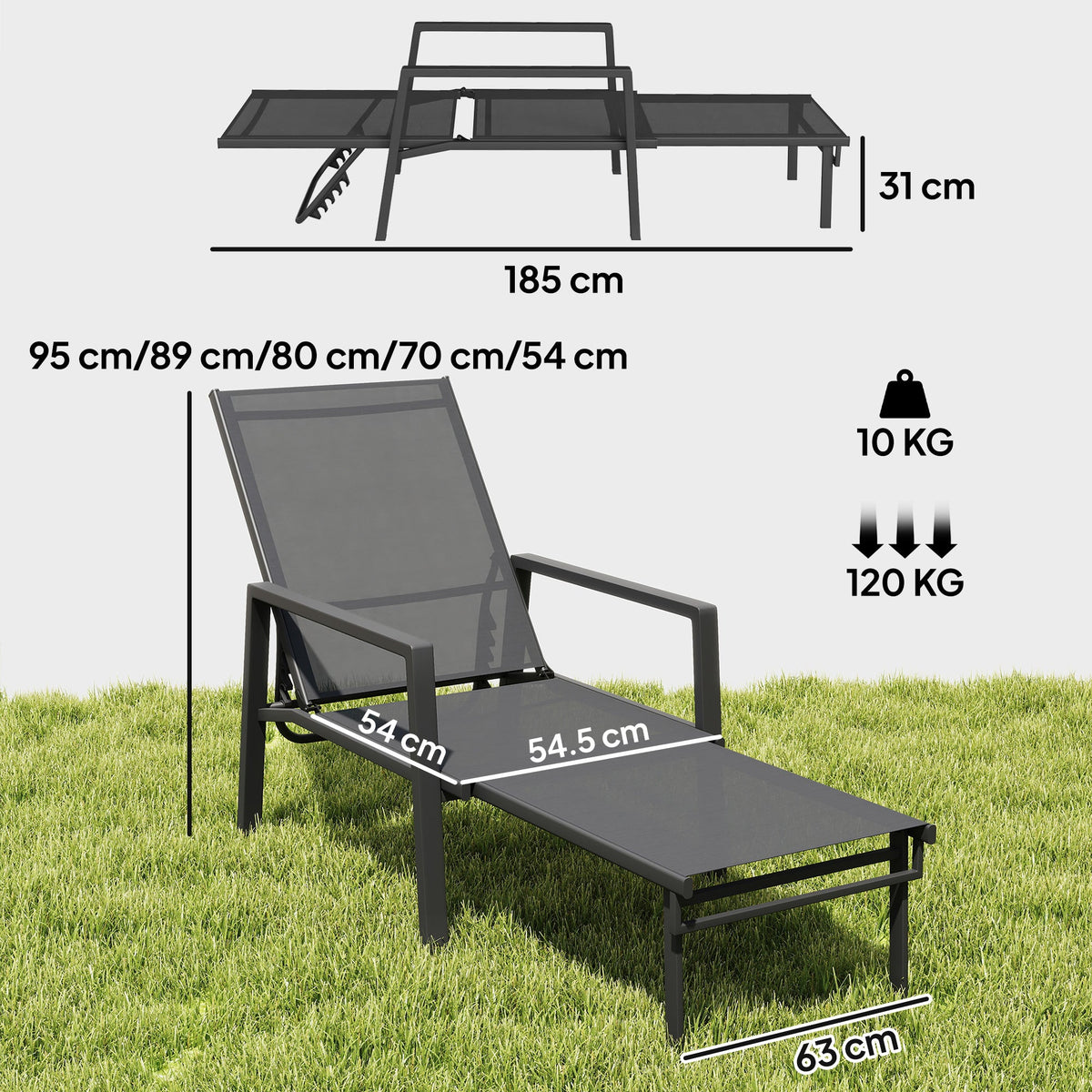 5-Position Sun Lounger with Retractable Footrest, Steel for Patio & Camping, Dark Grey — product view 5