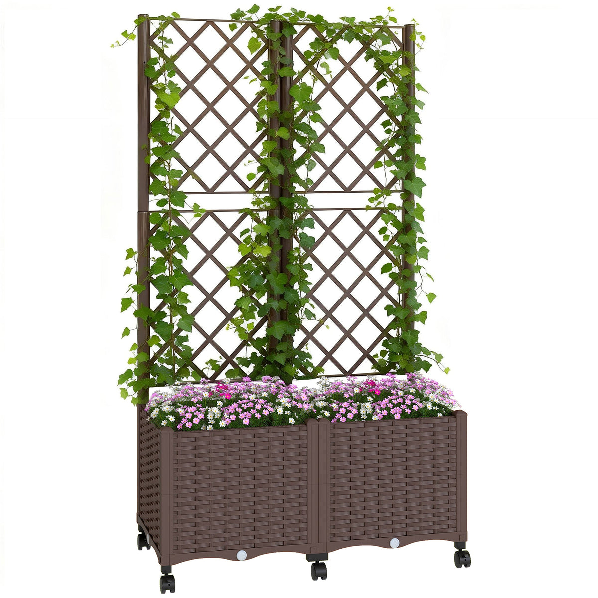 56.3" Self-Watering Planter Box with Trellis and Wheels, Brown — product view 1