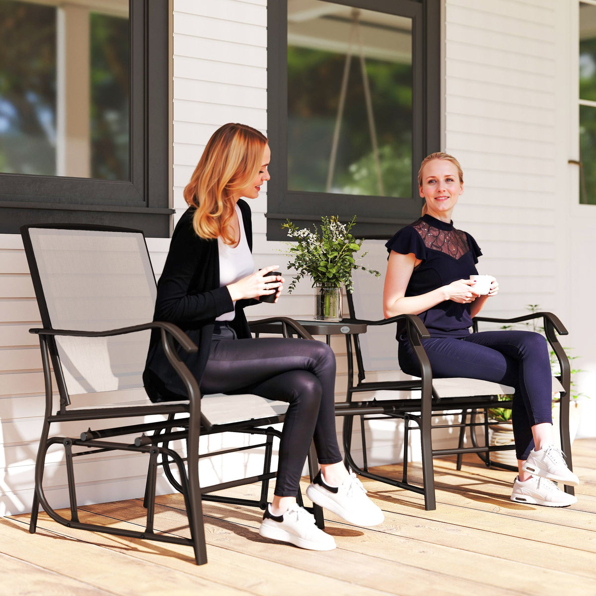 Double Patio Glider Chair with Glass Top Center Table, All Weather Breathable Mesh Fabric, Beige — product view 3