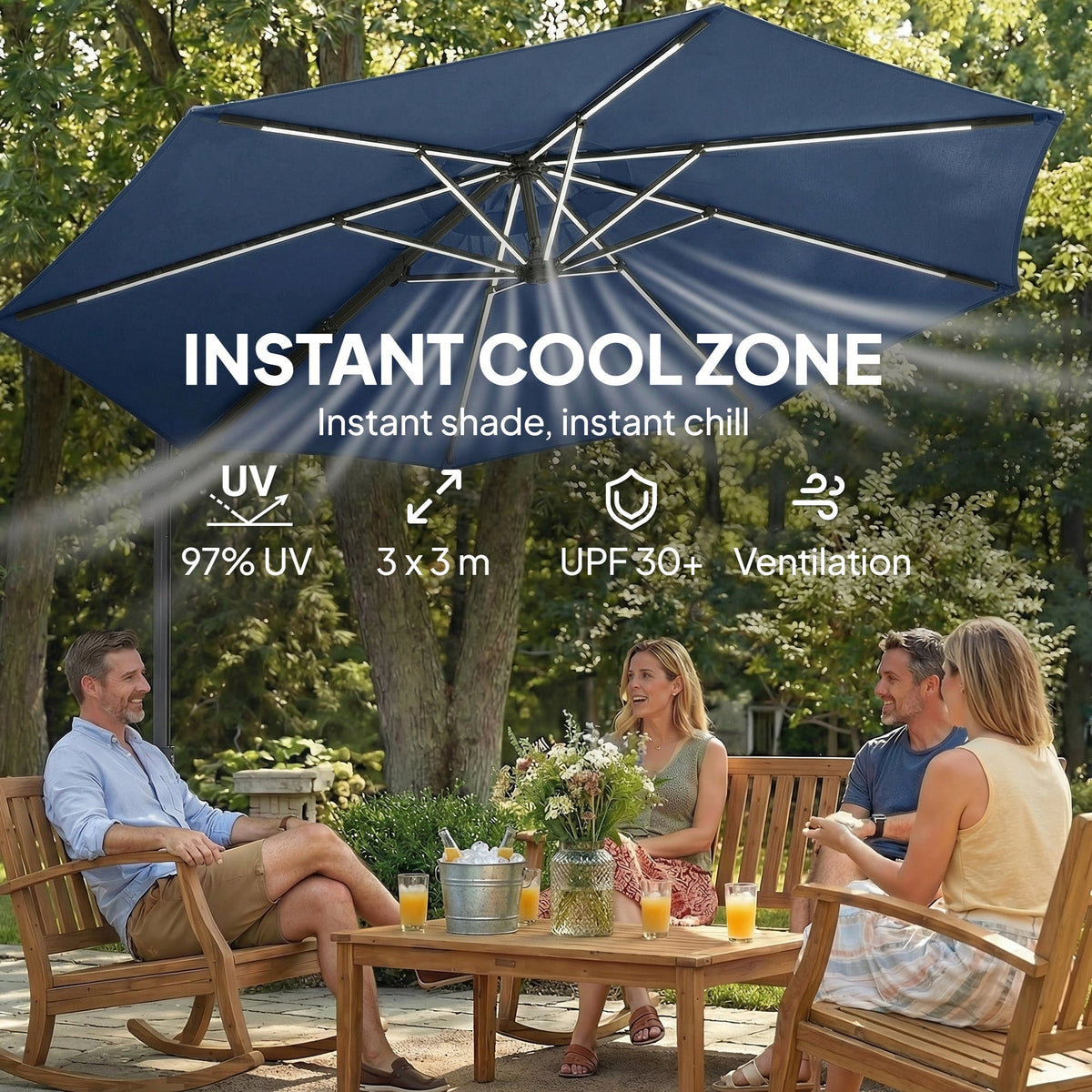 3 m Cantilever Parasol with Solar LED Light, Cover & 360° Rotation, Navy Blue — product view 7