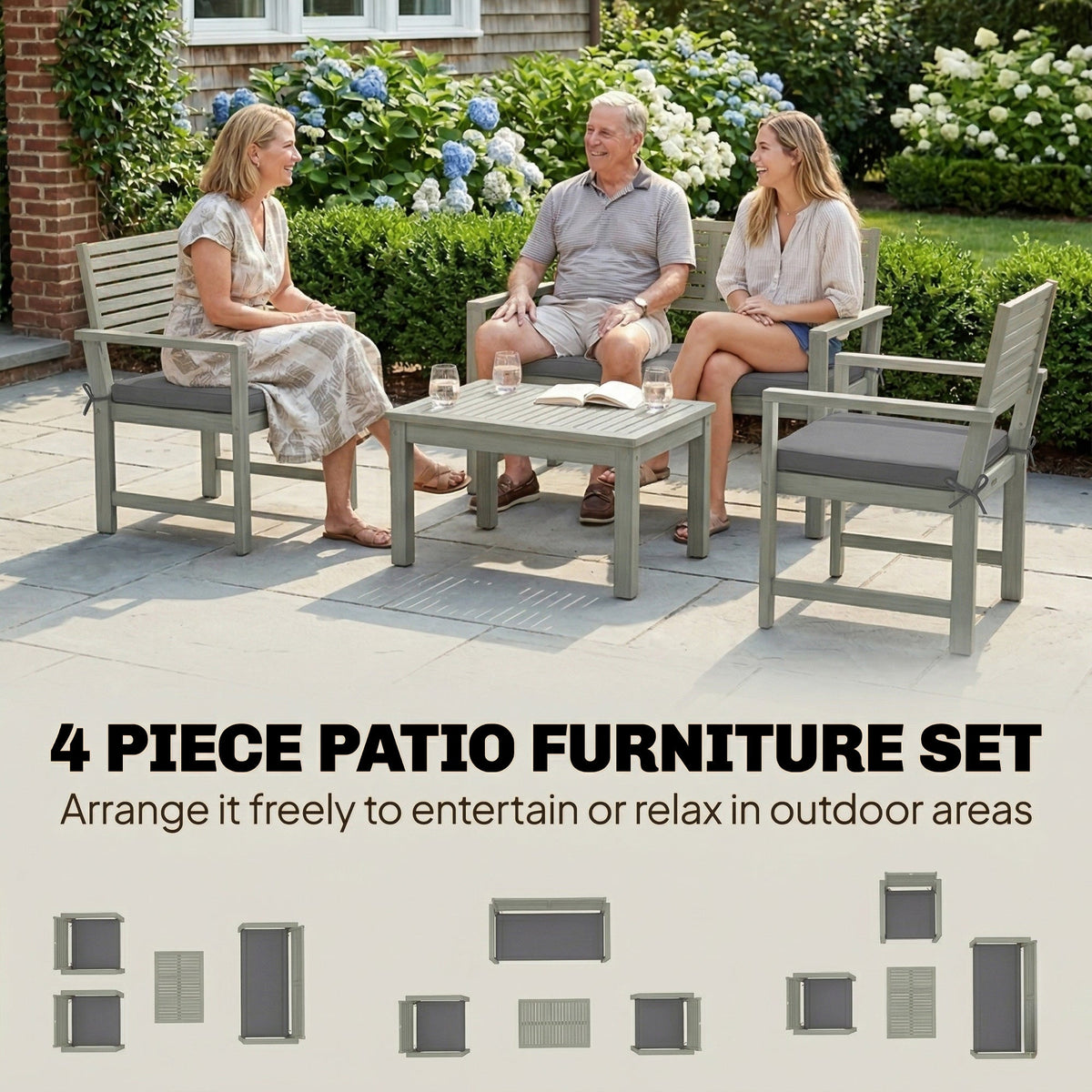 4-Seater Acacia Garden Set with Loveseat, 2 Chairs & Wood Table, Light Grey — product view 6