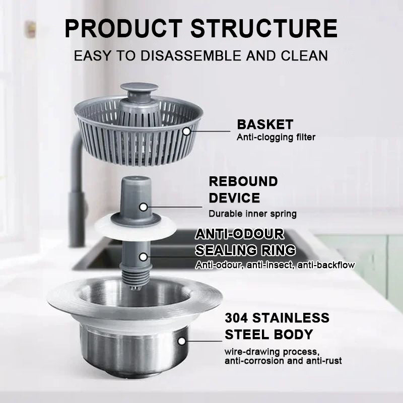 3-in-1 Sink Drain Strainer with Anti-Clogging and Odor Control — product view 2