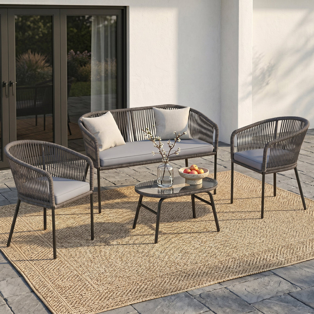 ARVOYA 4-Piece Rope Sofa Set with Loveseat, 2 Chairs & Tempered Glass Table, Dark Grey — product view 4