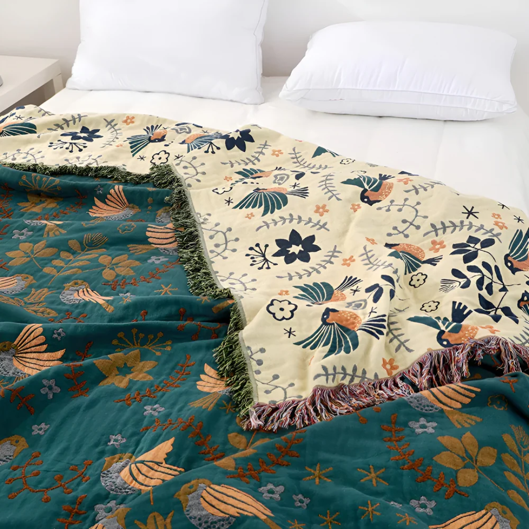 LoungeYard | Embroidered Cotton Throw Blanket with Birds and Flowers — product view 2