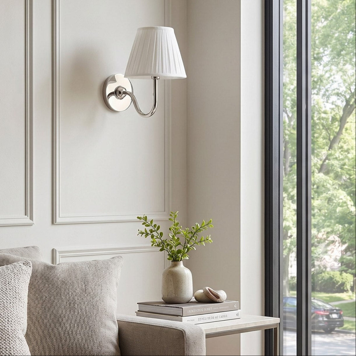 Luvora Linen Drum Wall Sconce, Pleated Brass — product view 2