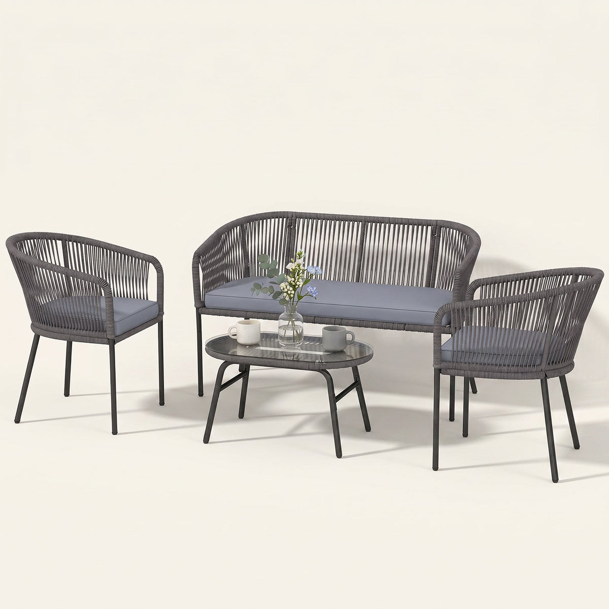 ARVOYA 4-Piece Rope Sofa Set with Loveseat, 2 Chairs & Tempered Glass Table, Dark Grey — product view 2