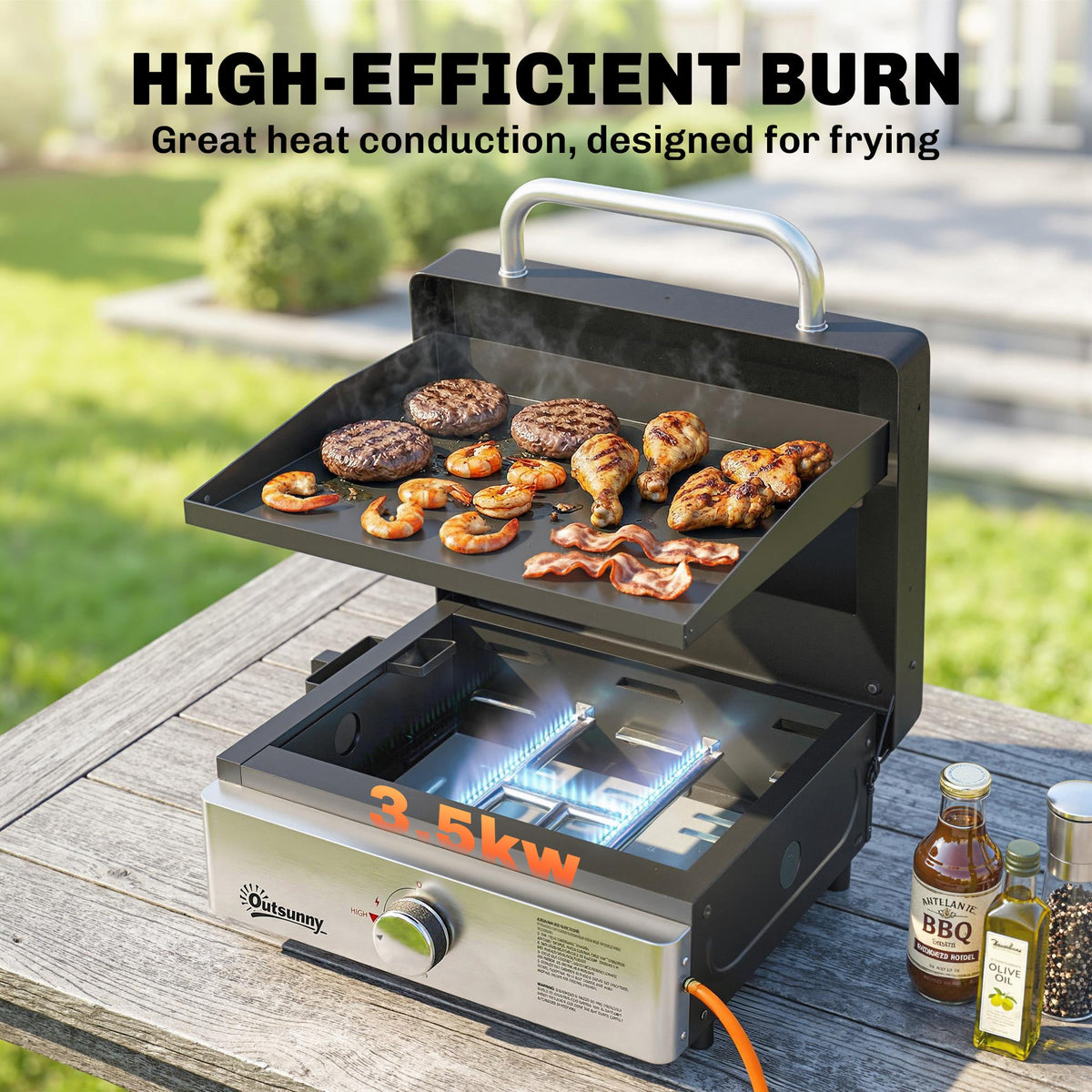 Portable Gas Plancha Grill 3.5 kW, Tabletop Griddle with Grease Cup, Black — product view 6