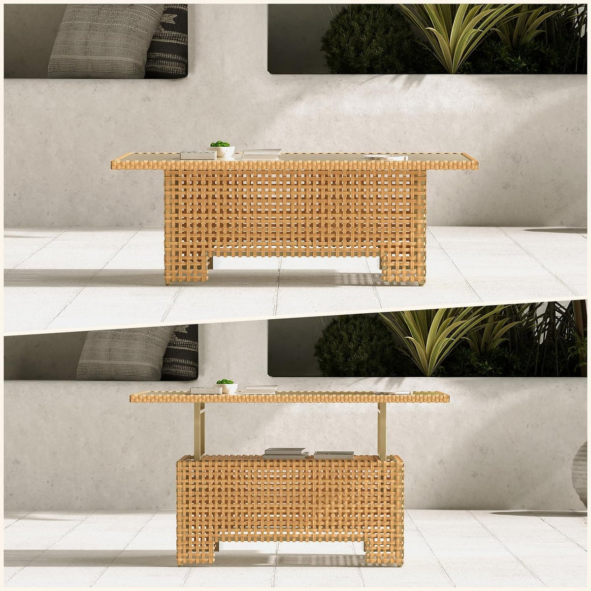LOUNGE YARD Outdoor & Indoor Coffee Dining Table - All-Weather Resin Wicker Rattan, Adjustable Steel Slat Lift Top — product view 1