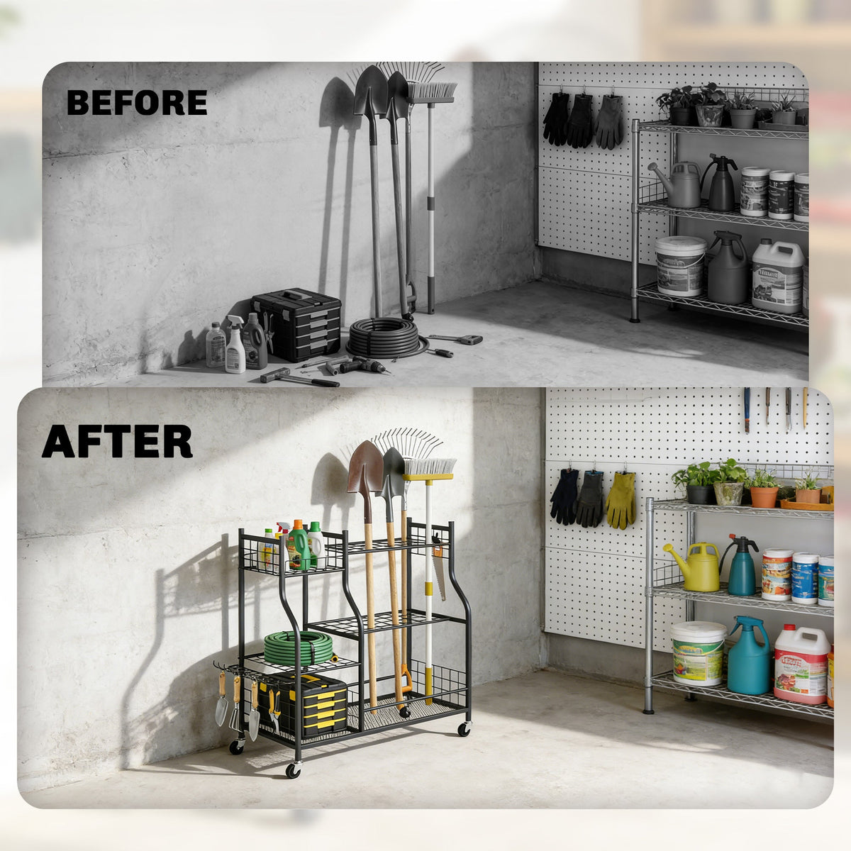 Garden Tool Organizer with 74 Slots, 4 Wheels and 11 Hooks, Black — product view 7