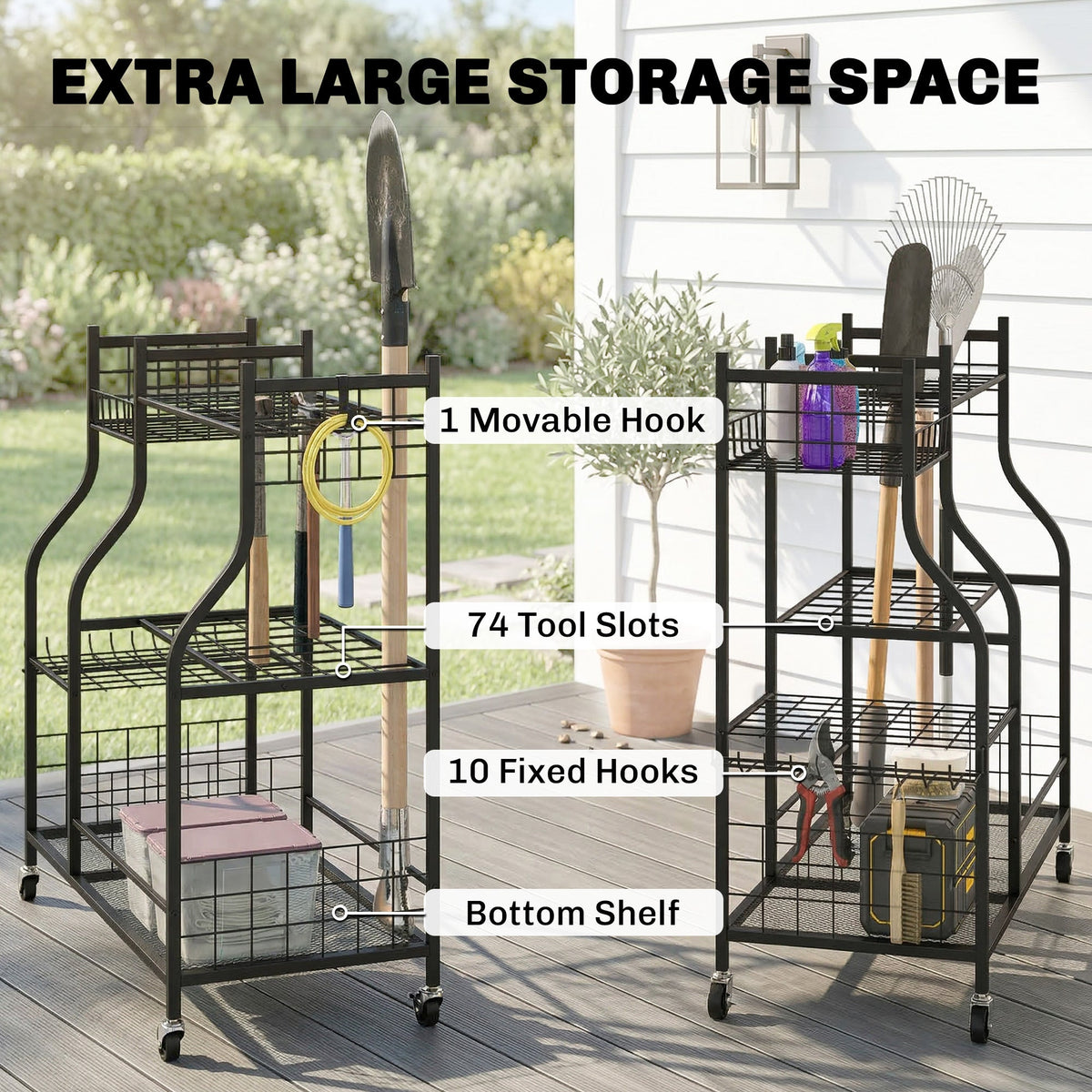 Garden Tool Organizer with 74 Slots, 4 Wheels and 11 Hooks, Black — product view 6