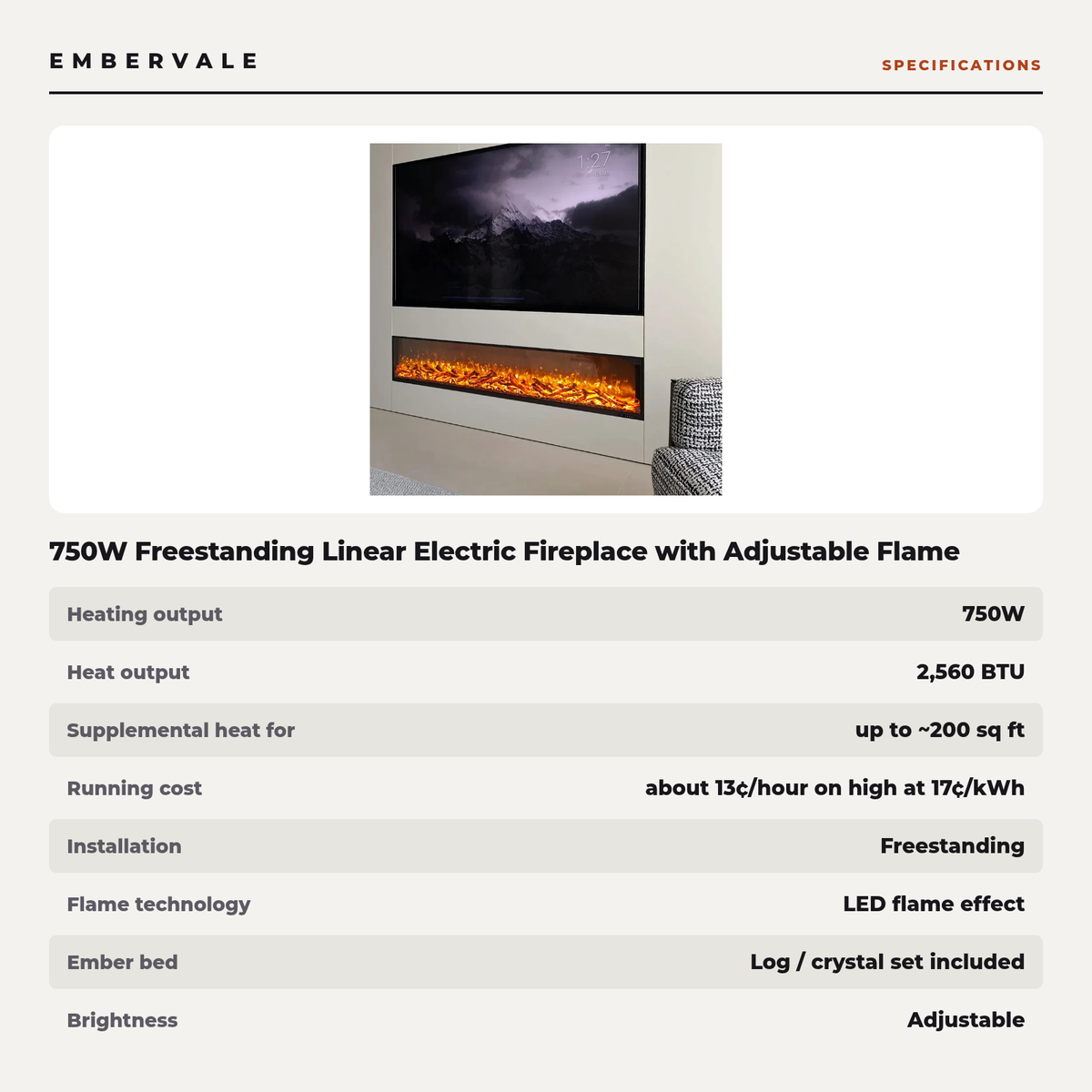 750W Freestanding Linear Electric Fireplace with Adjustable Flame Brightness, Crystal & Log Bed, Modern Black Frame — product view 3