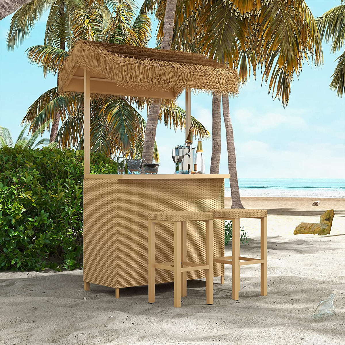 LOUNGE YARD Outdoor Phuket 3 Pieces Resin Wicker Ceramic Steel Storage Tiki Bar and Stools — product view 1