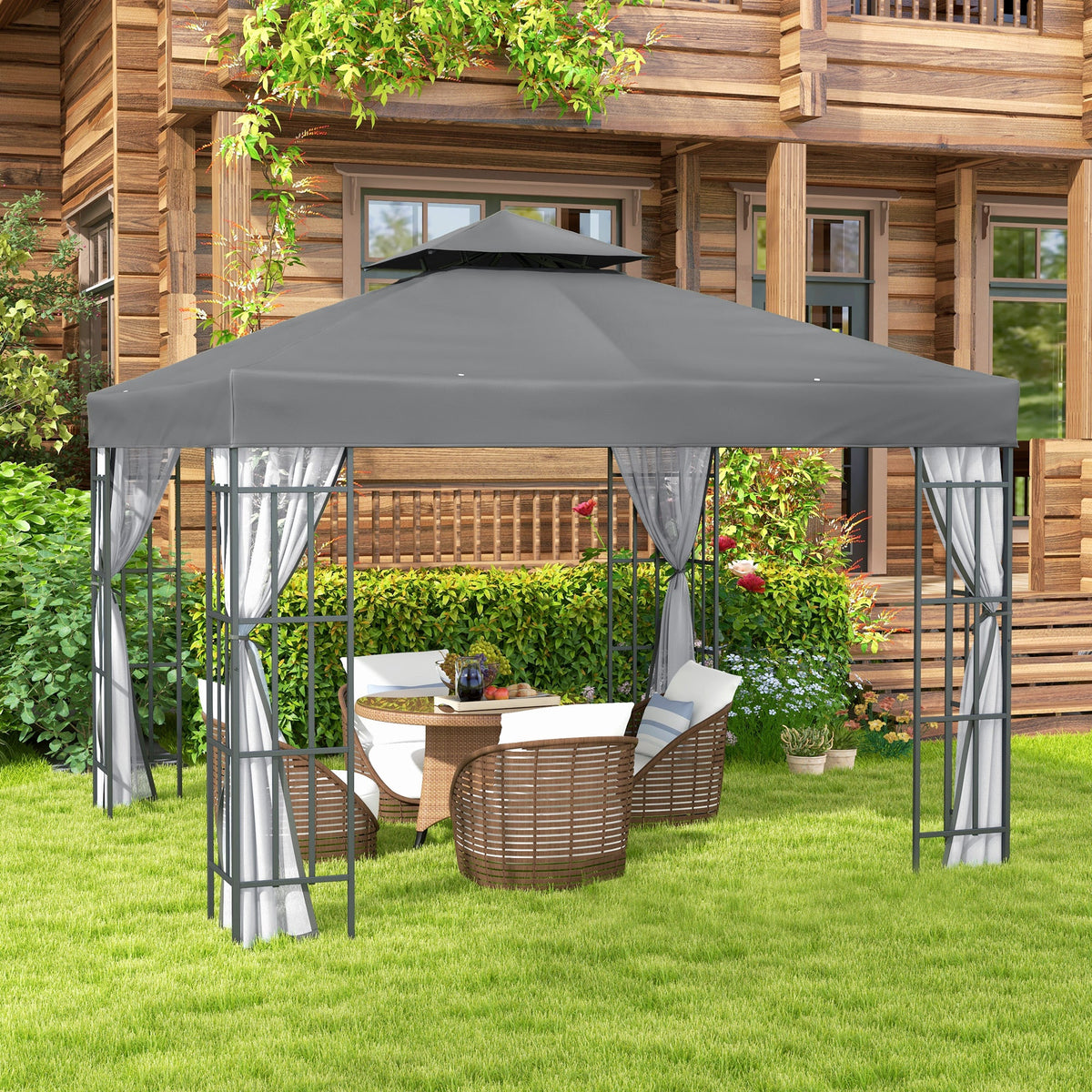 3 x 3m Patio Gazebo with 2 Tier Roof & Mosquito Netting, Grey — product view 4